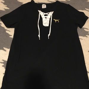 PINK black lace up tshirt with dog logo